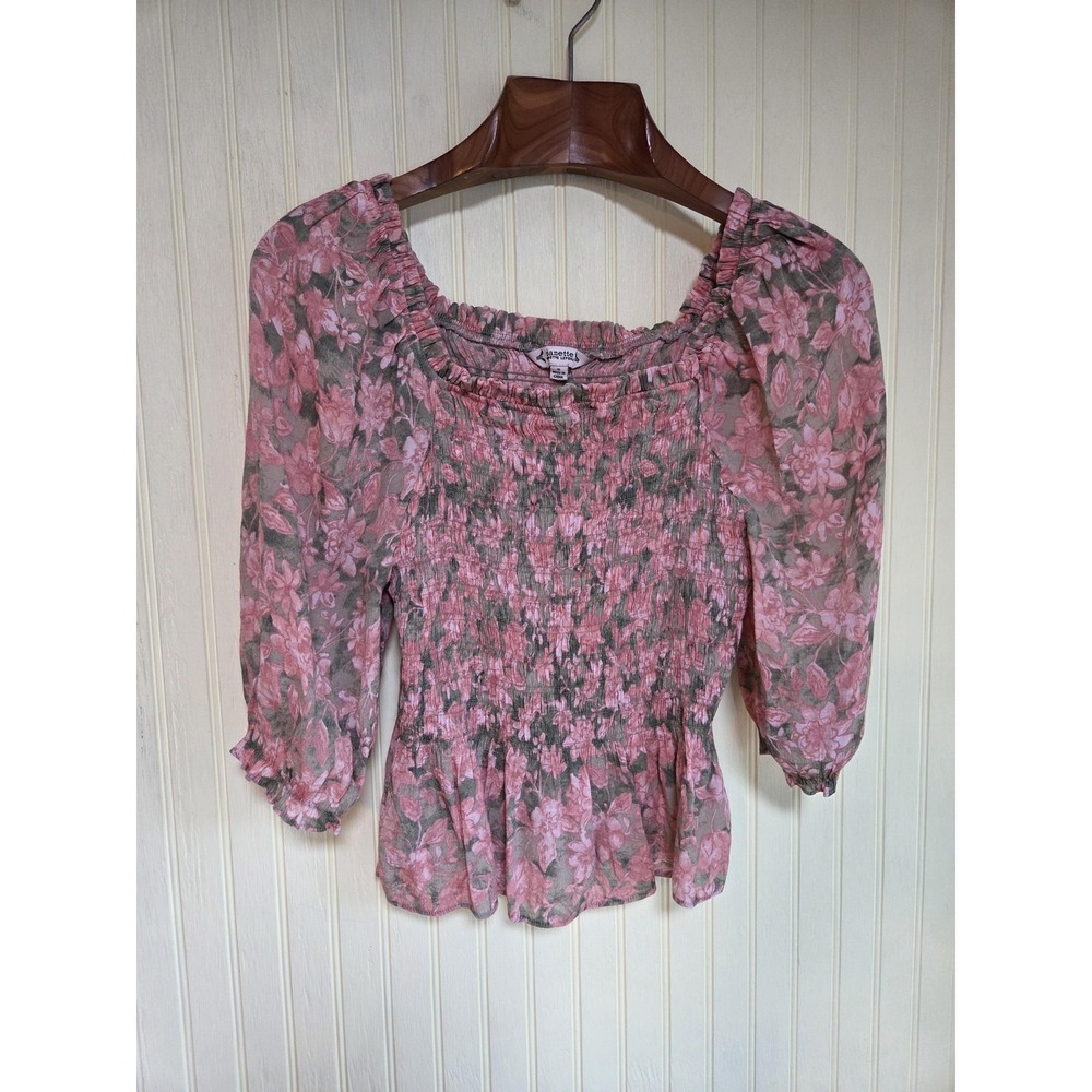 Nanette Lepore Blouse Womens Small Pink Floral Smocked Square Neck 3/4 Sleeve